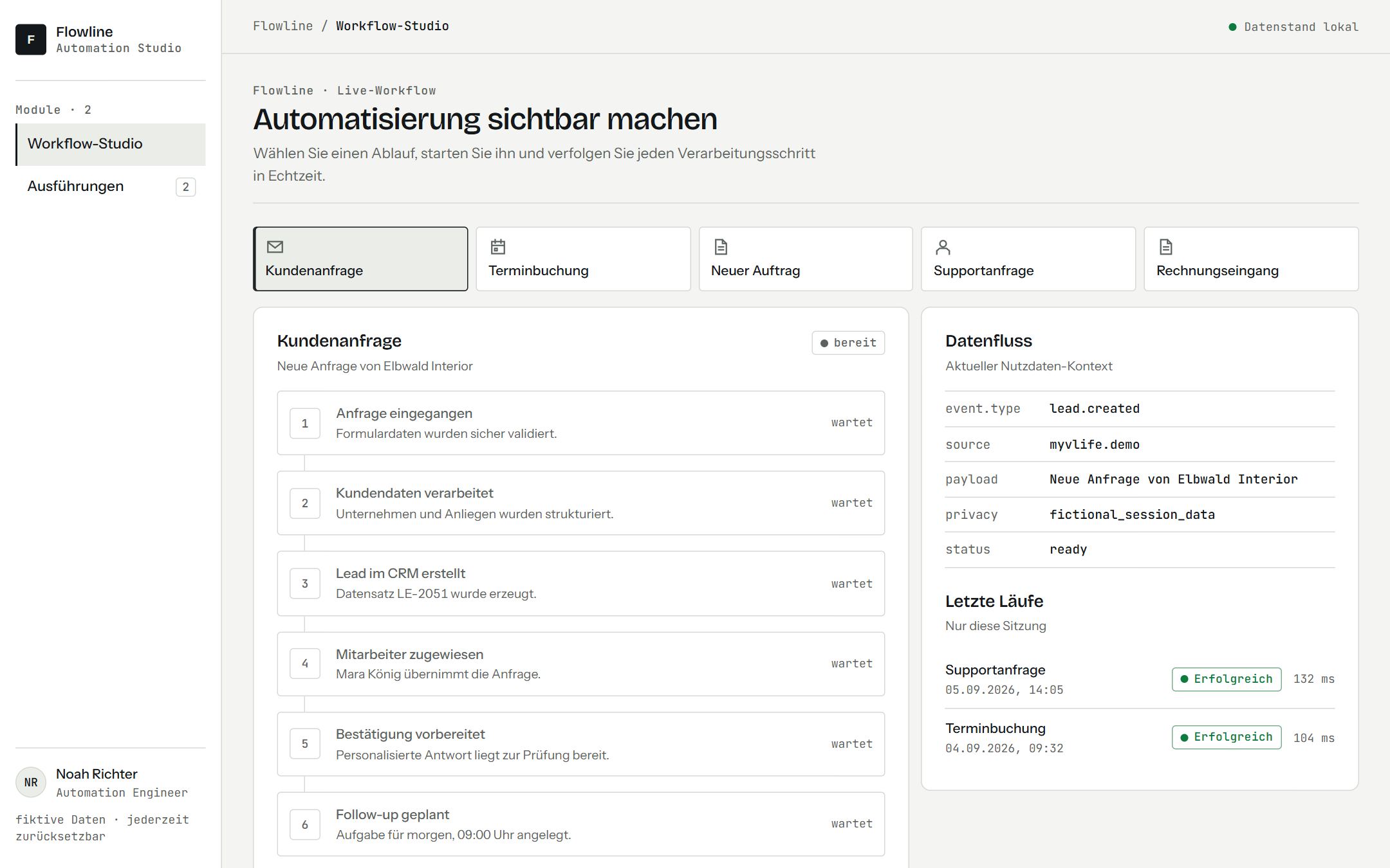Bildschirmfoto der Demo Workflows selbst ausführen mit fiktiven Daten