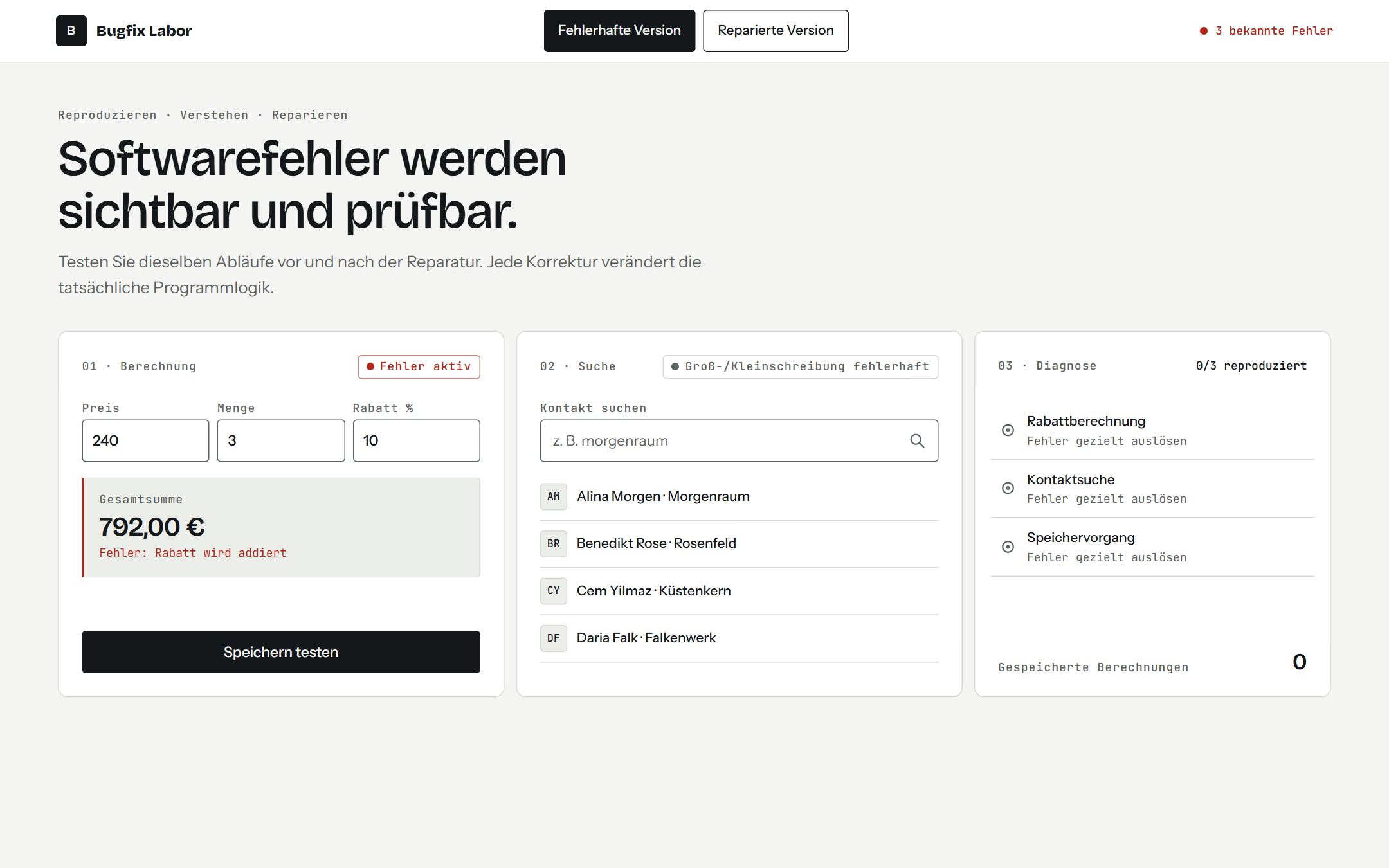 Bildschirmfoto des Bugfix-Labors mit fehlerhafter und reparierter Logik