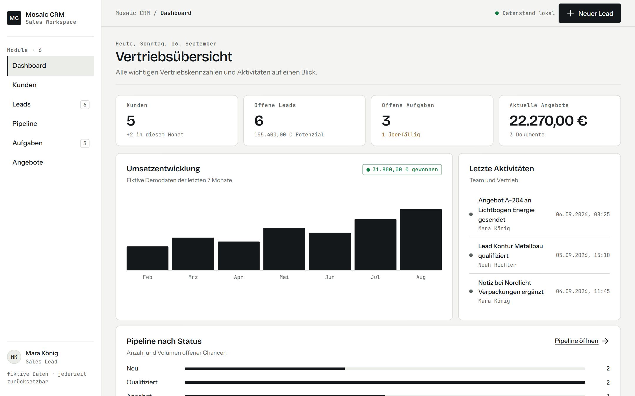 Bildschirmfoto des CRM-Systems mit fiktiven Leads und Pipeline