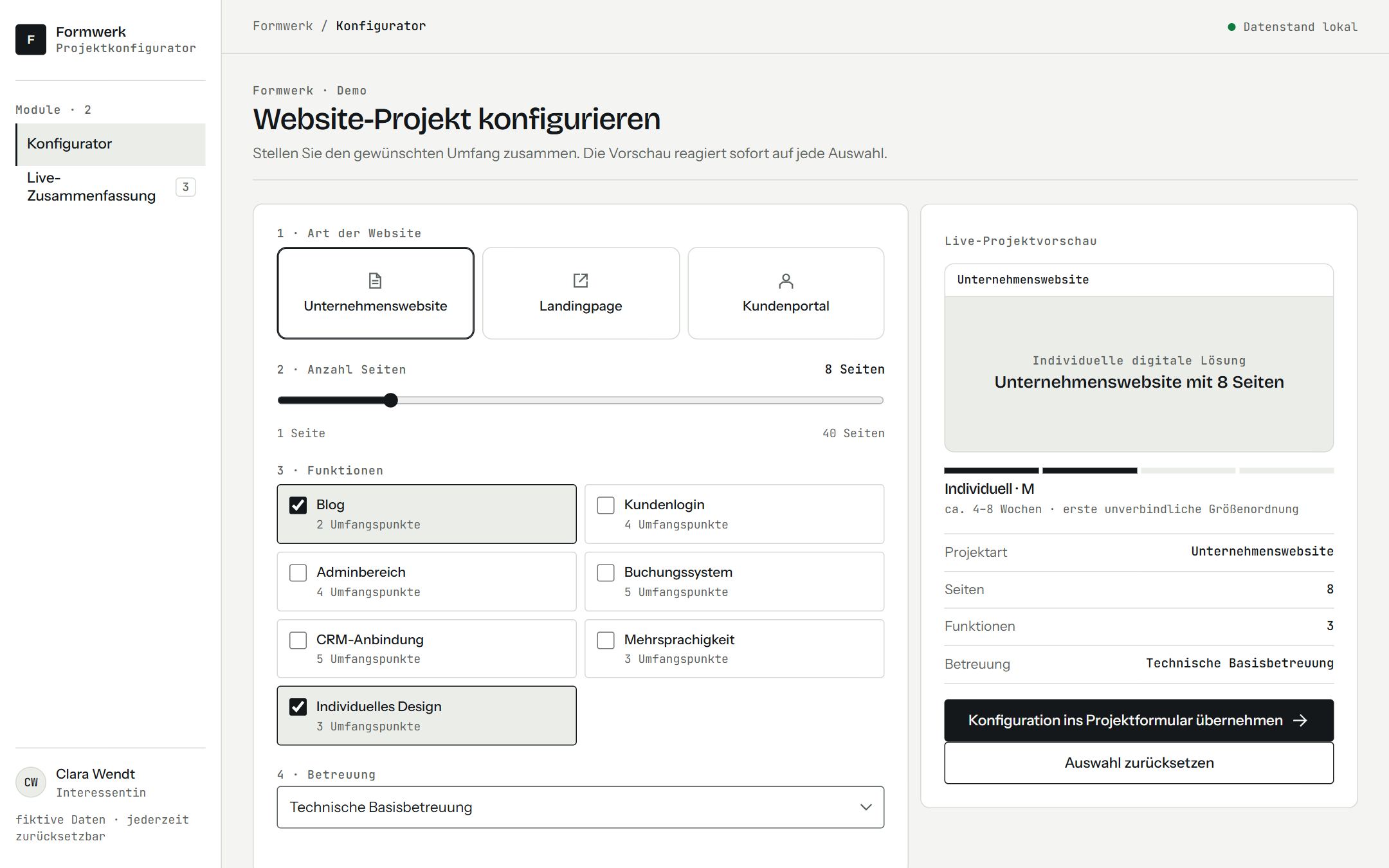 Bildschirmfoto des Website-Konfigurators mit fiktiver Projektauswahl