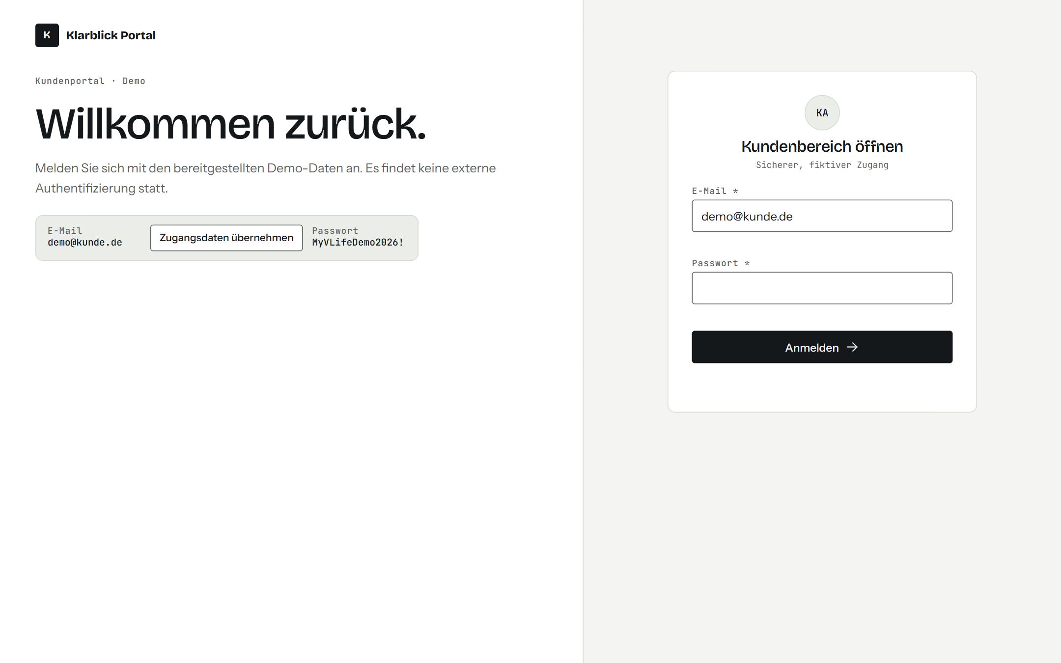 Bildschirmfoto des Kundenportals mit fiktiven Aufträgen und Dokumenten
