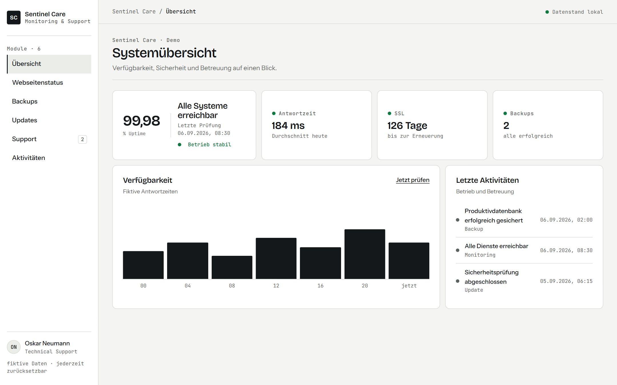 Bildschirmfoto des Monitoring-Dashboards mit fiktiven Prüfungen
