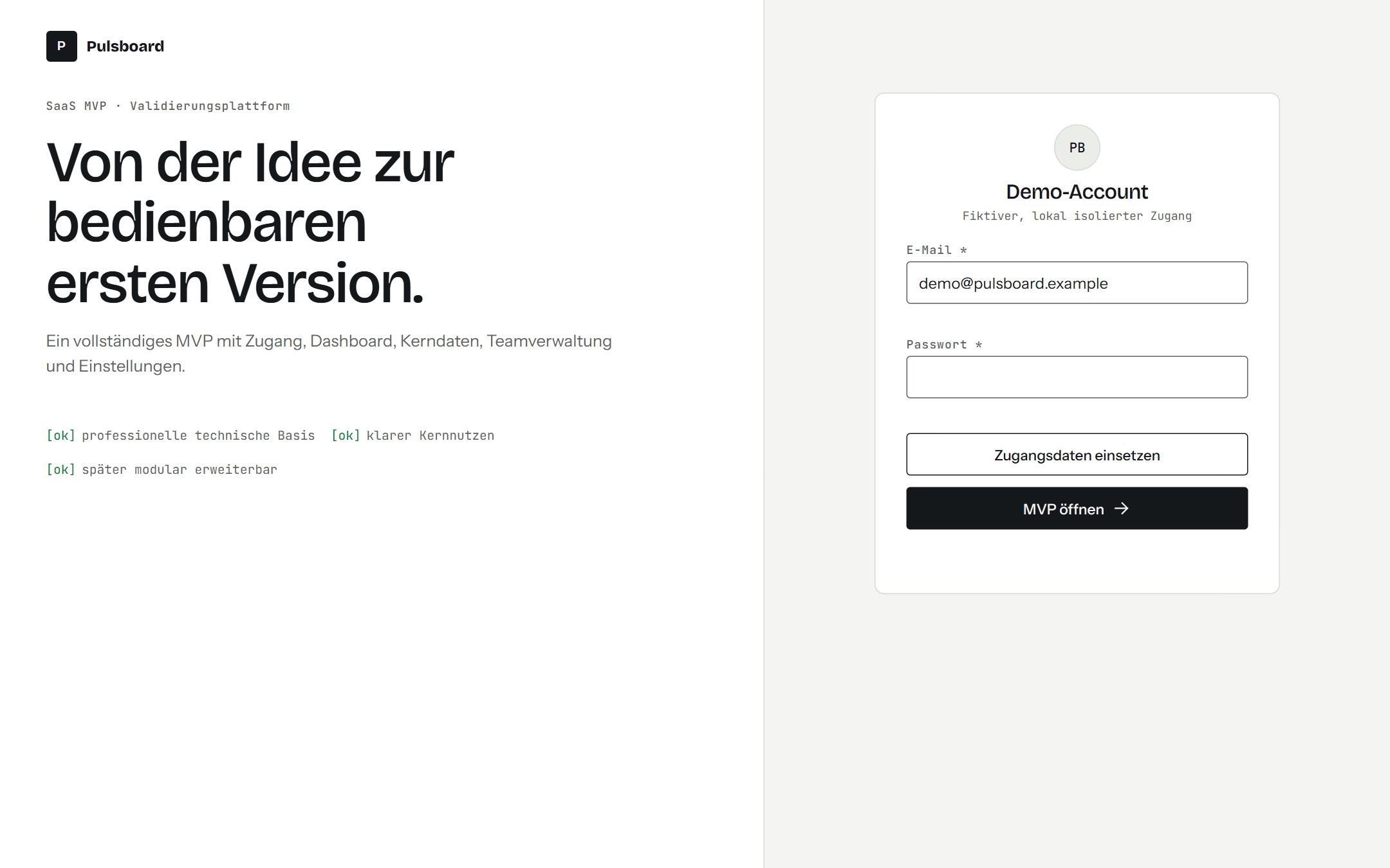 Bildschirmfoto des SaaS-MVP mit fiktiven Nutzern und Einträgen