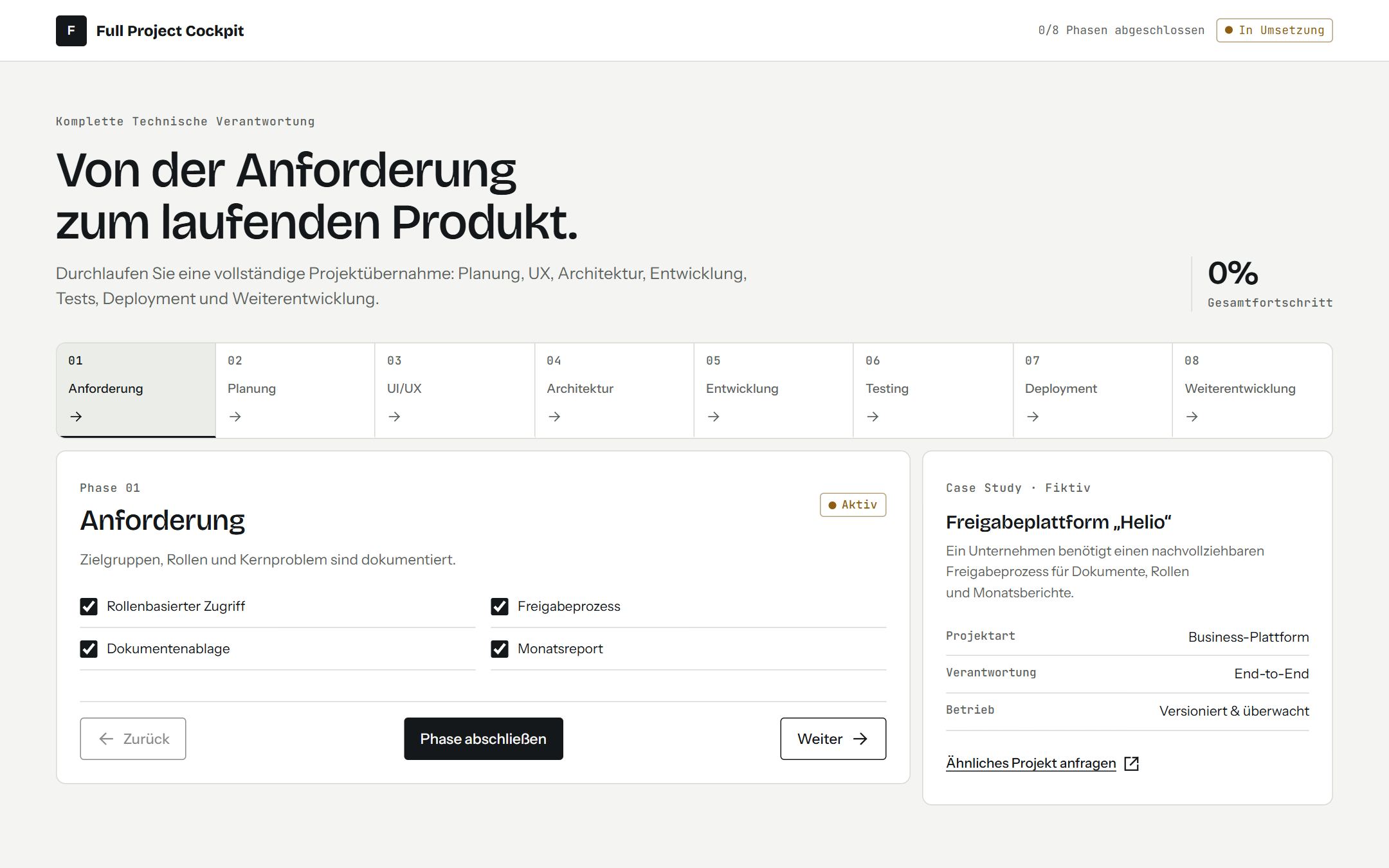 Bildschirmfoto der Demo Projekt vollständig verfolgen mit fiktiven Daten