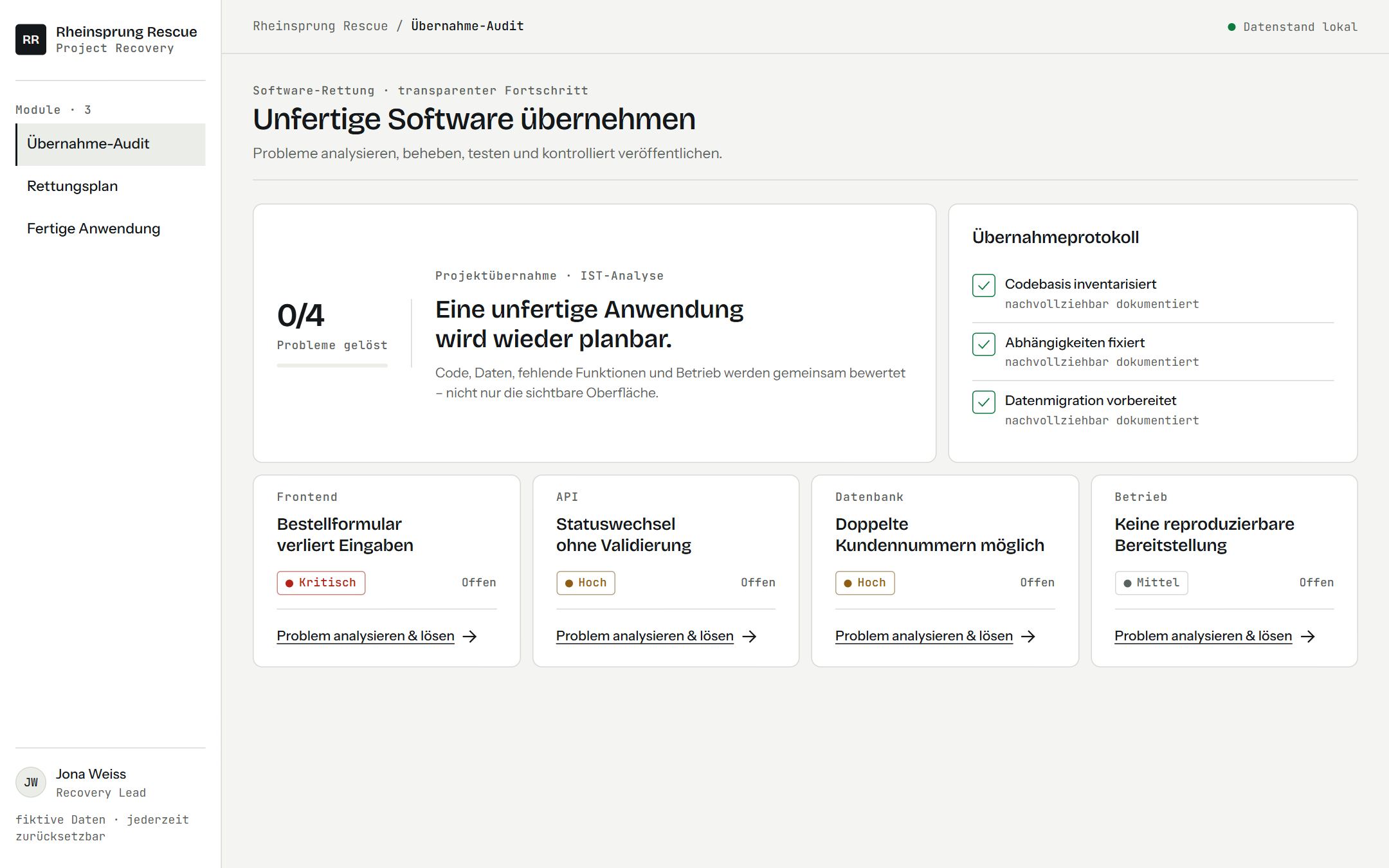 Bildschirmfoto der Software-Rettung mit fiktiven Blockern und Tests