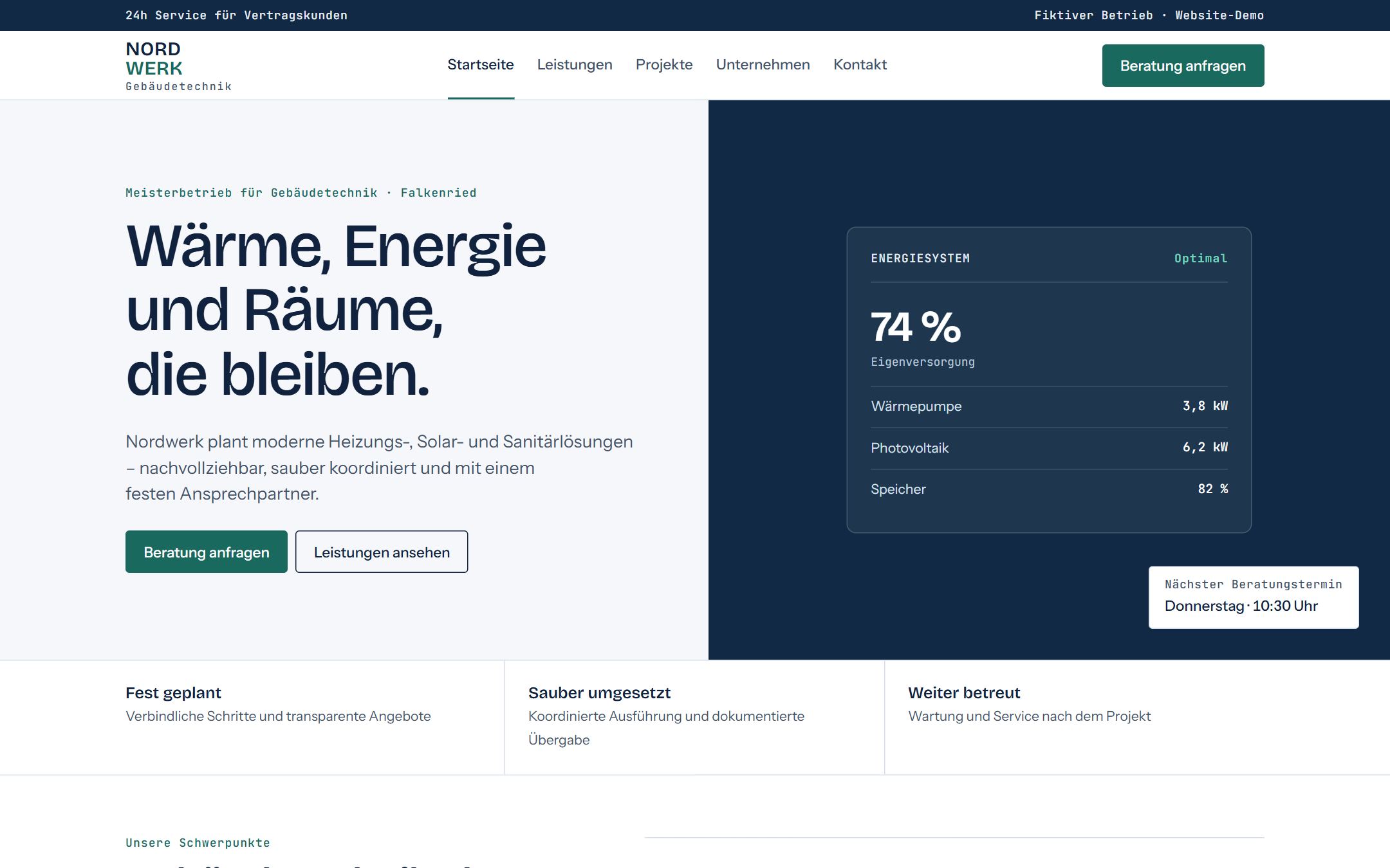 Bildschirmfoto der Unternehmenswebsite Nordwerk mit fiktiven Inhalten